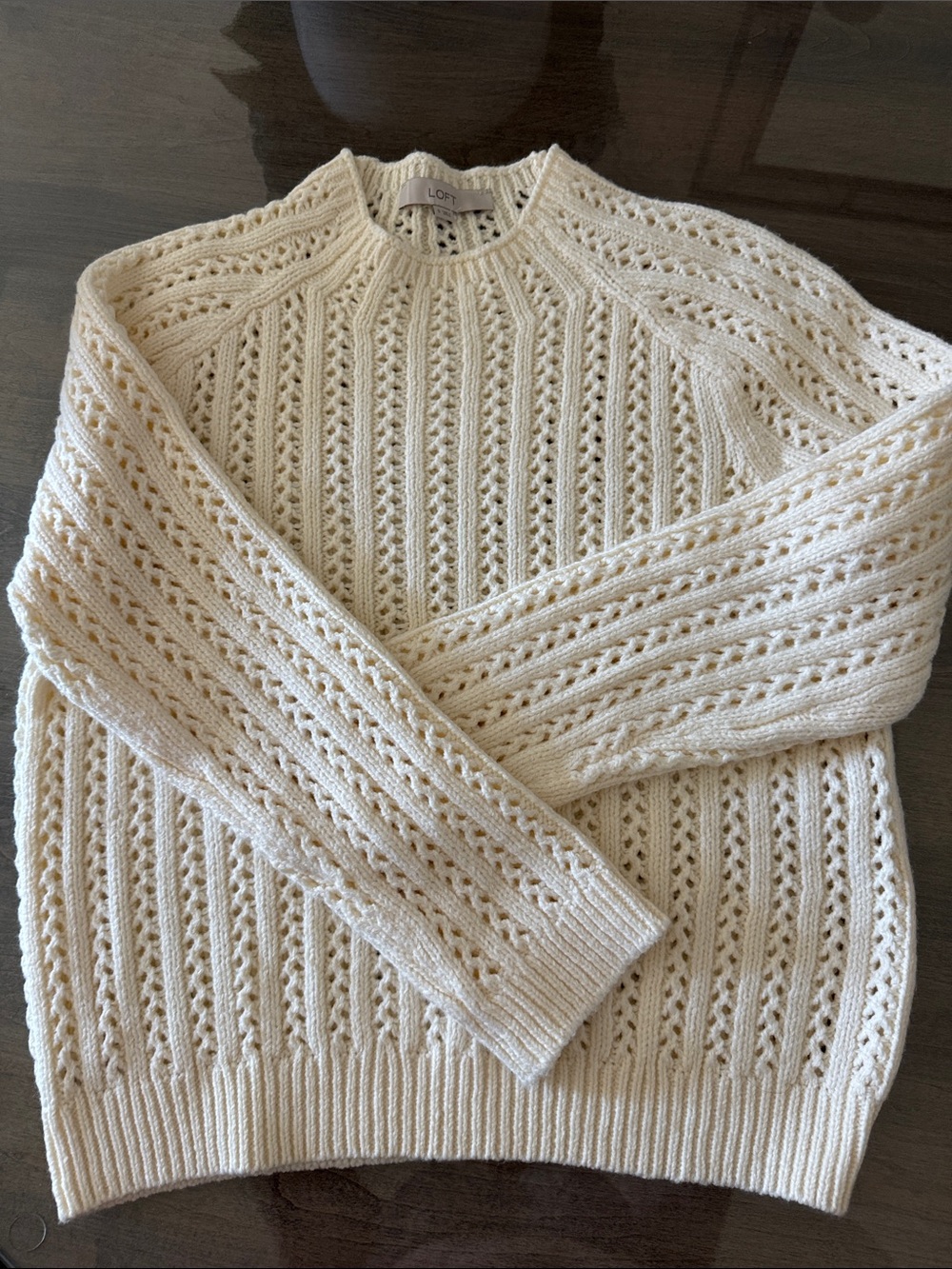 LOFT Cream Openwork Crewneck Sweater